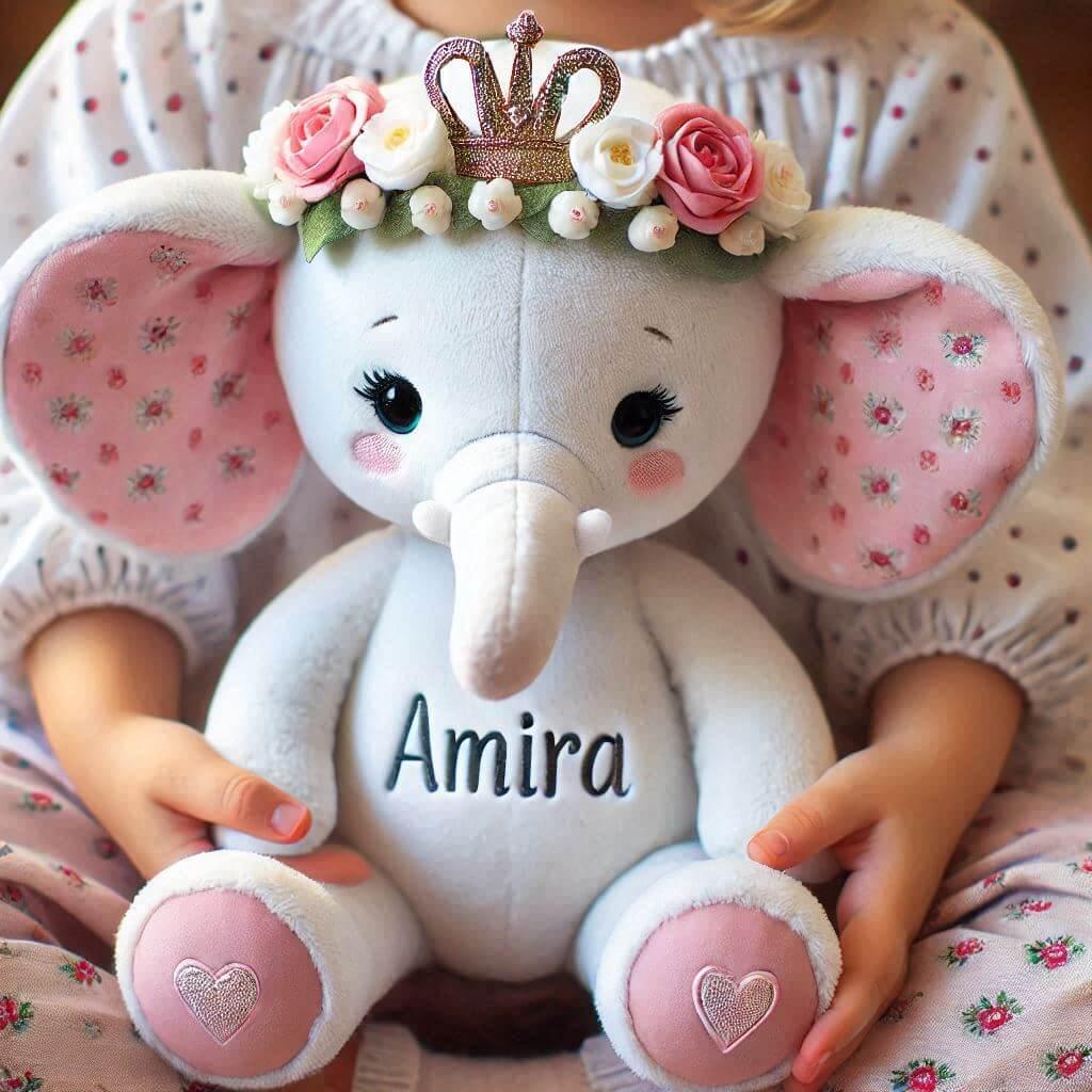 Une peluche elephant avec une couronne de fleurs avec le prenom amira dans les mains d une petite fille 1