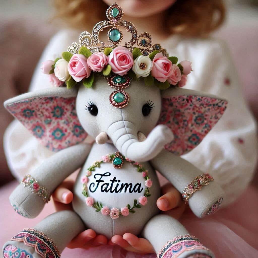 Une peluche elephant avec une couronne de fleurs avec le prenom fatima dans les mains d une petite fille