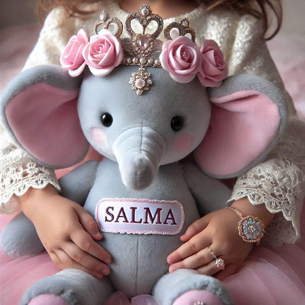 Une peluche elephant avec une couronne de fleurs avec le prenom salma dans les mains d une petite fille 1