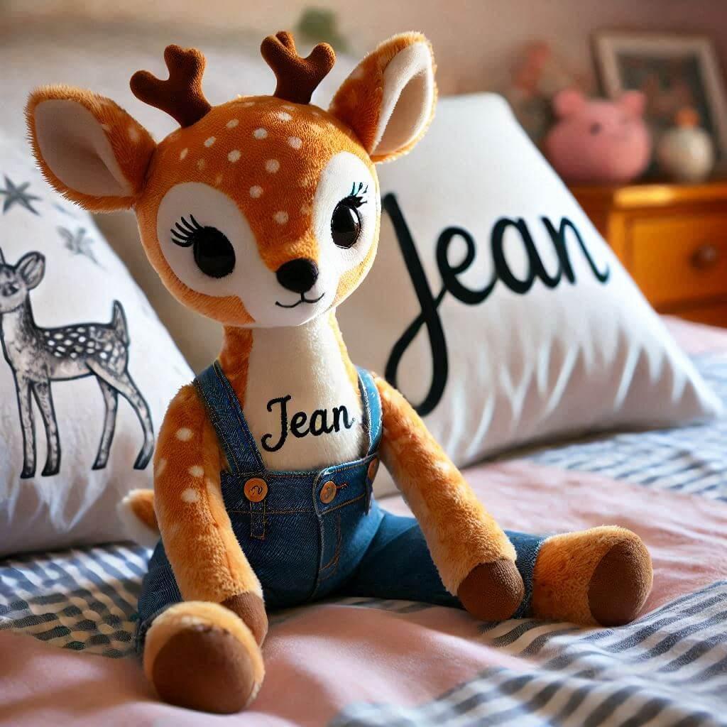 Une peluche faon avec le prenom jean ecrit en francais posee sur un lit