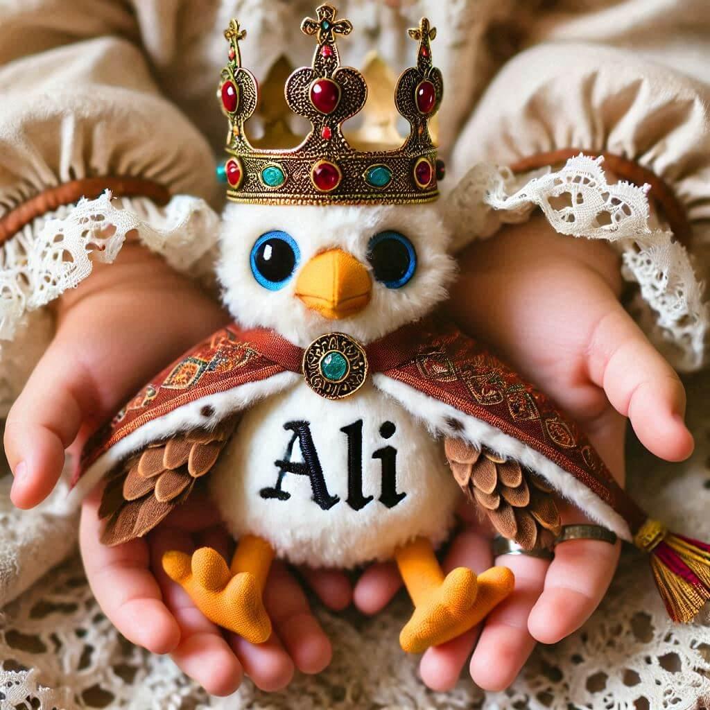 Une peluche faucon avec une couronne de roi personnalisee avec le prenom ali dans les mains dun petit garcon