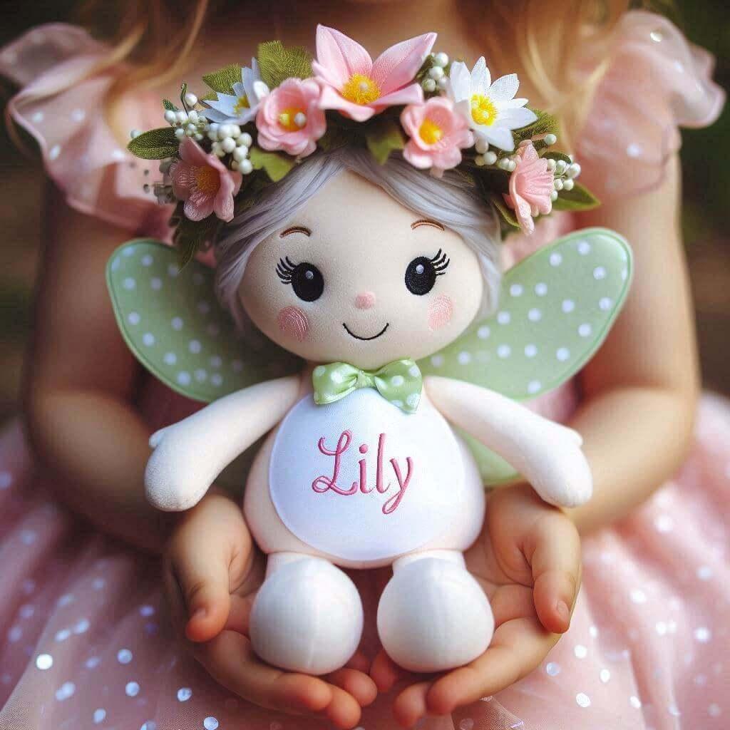 Une peluche fee avec une couronne de fleurs personnalisee avec le prenom lily