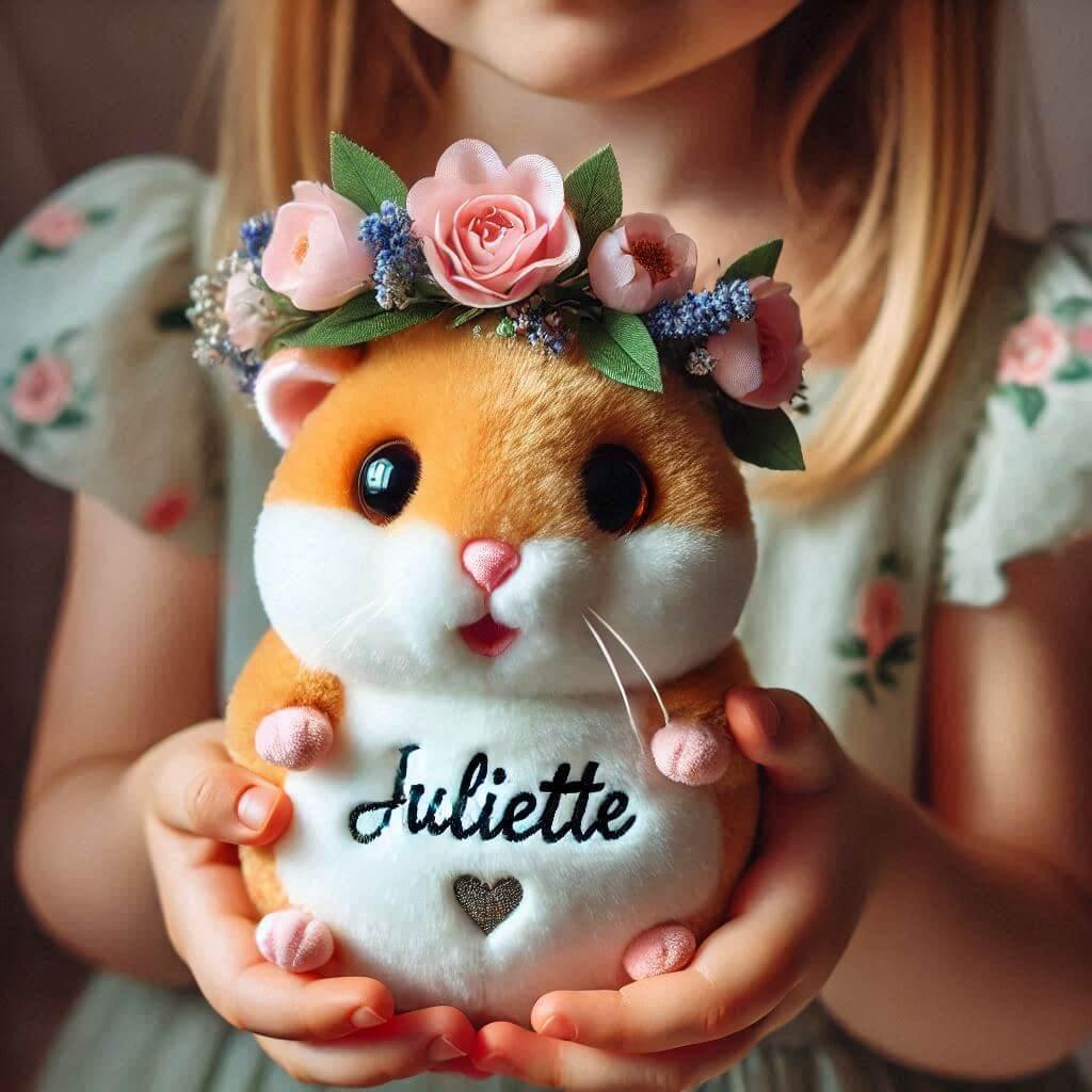 Une peluche hamster avec une couronne de fleurs personnalisee avec le prenom juliette