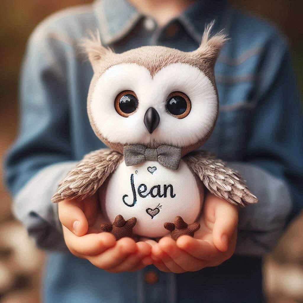 Une peluche hibou avec le prenom jean ecrit en francais dans les mains dun petit garcon