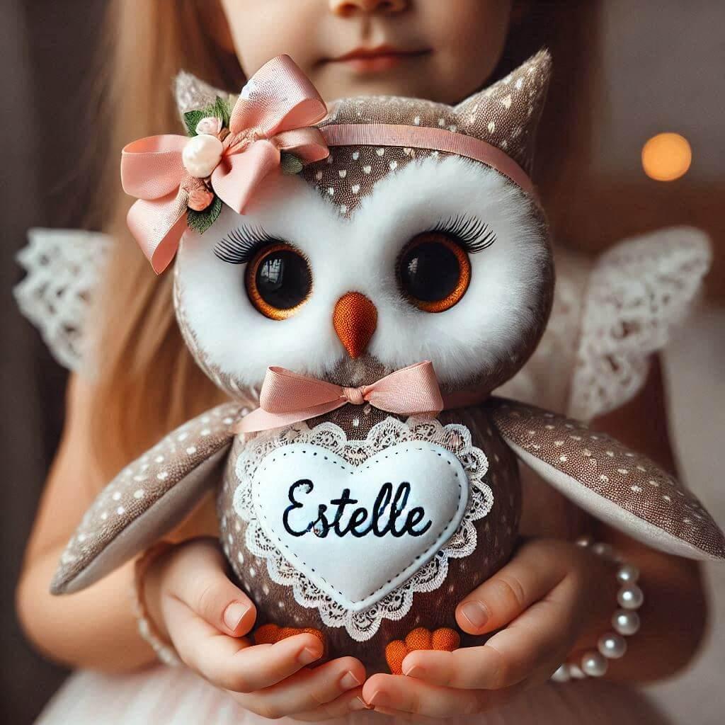 Une peluche hibou avec un serre tete c ur personnalise avec le prenom estelle dans les mains dune petite fille 1