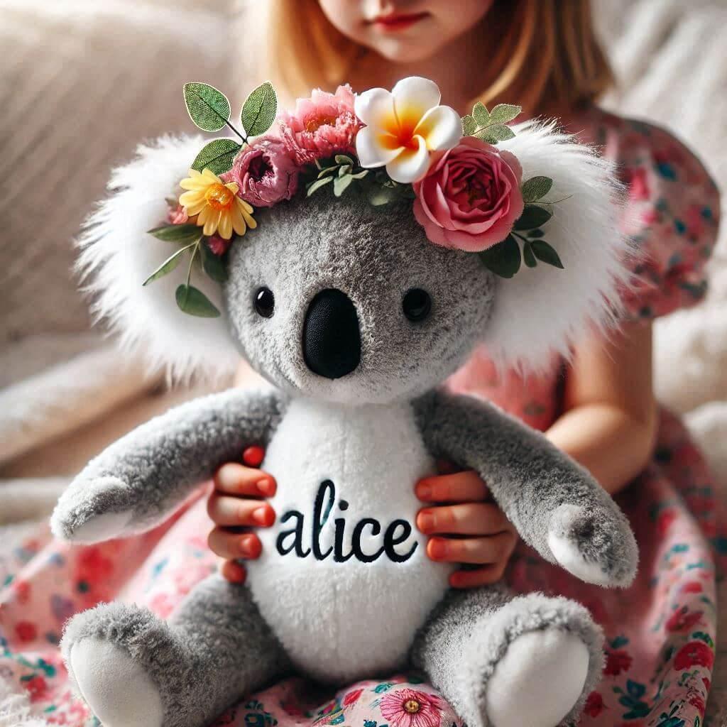 Une peluche koala avec un serre tete fleur personnalise avec le prenom alice dans les mains dune petite fille