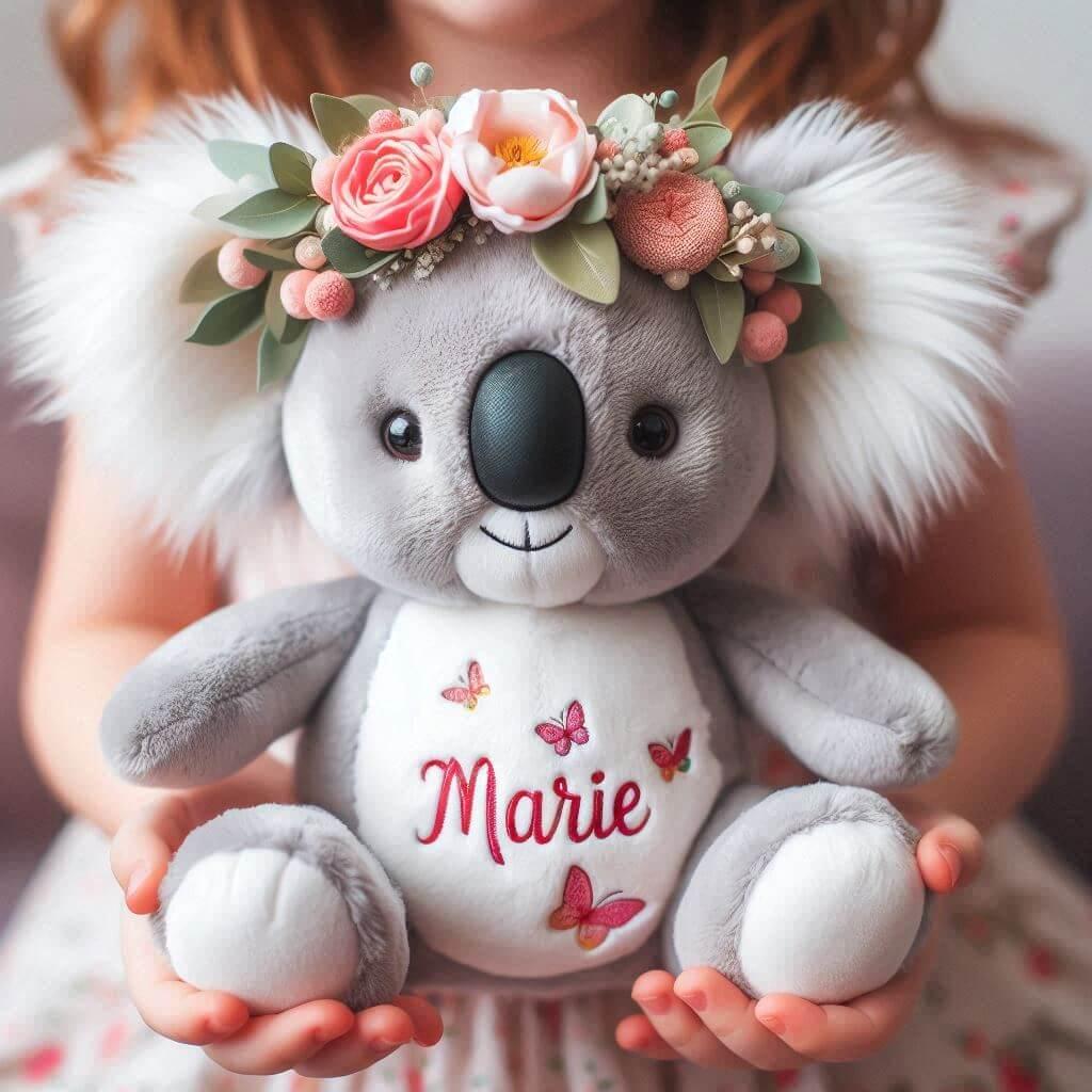 Une peluche koala avec une couronne de fleurs personnalisee avec le prenom marie dans les mains d une petite fille