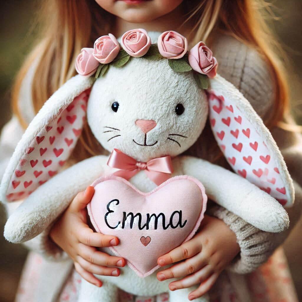 Une peluche lapin avec un serre tete coeur personnalise avec le prenom emma dans les mains d une petite fille