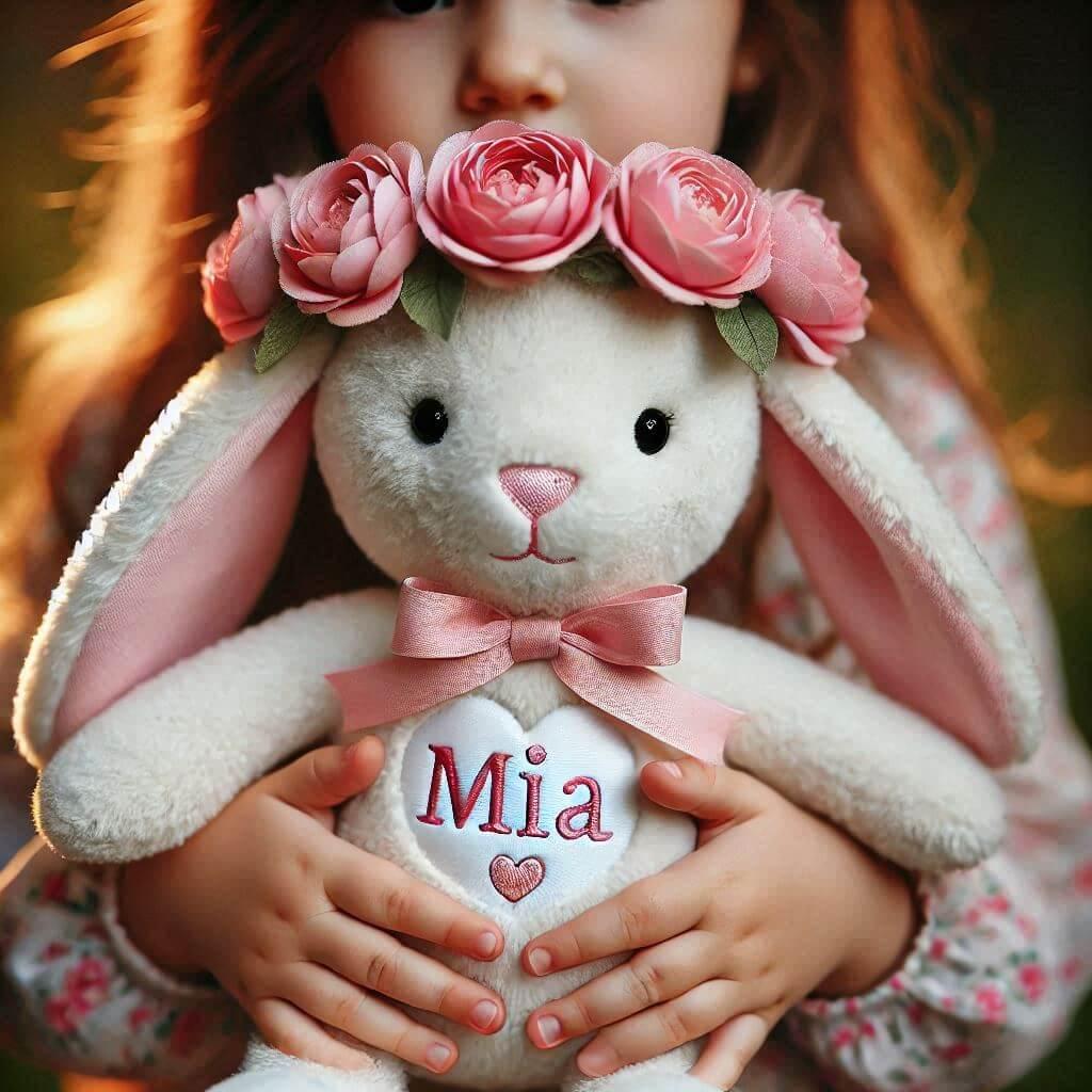 Une peluche lapin avec un serre tete fleur personnalise avec le prenom mia dans les mains d une petite fille 1