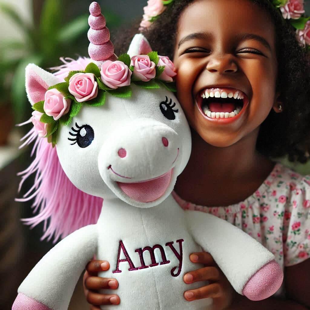 Une peluche licorne avec une couronne de fleurs personnalisee avec le prenom amy dans les mains dun petite fille qui rigole de couleur de peau noire