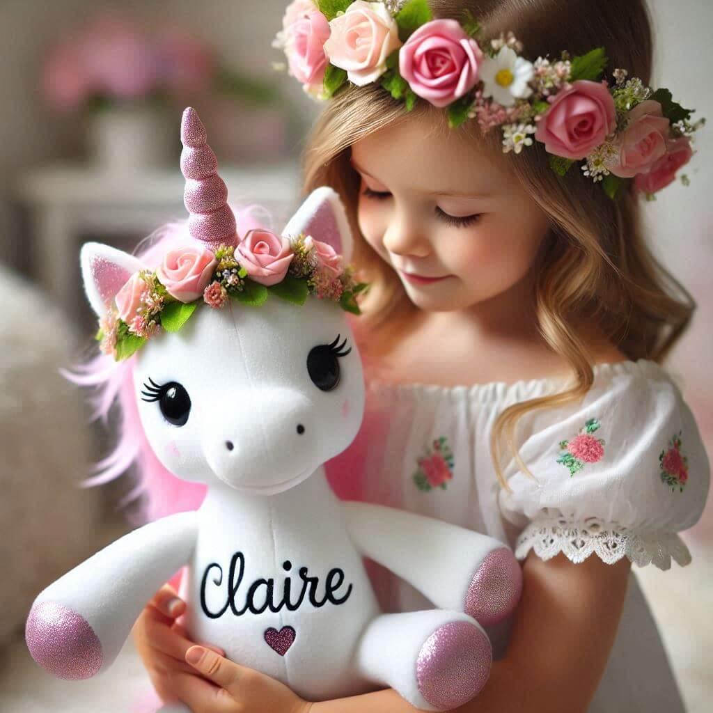 Une peluche licorne avec une couronne de fleurs personnalisee avec le prenom claire dans les mains dune petite fille 1