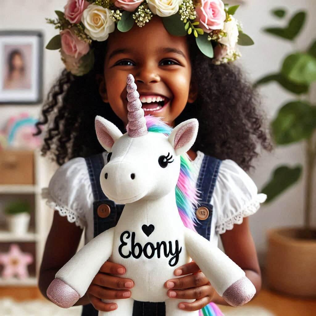 Une peluche licorne avec une couronne de fleurs personnalisee avec le prenom ebony dans les mains dun petite fille qui rigole de couleur de peau noire