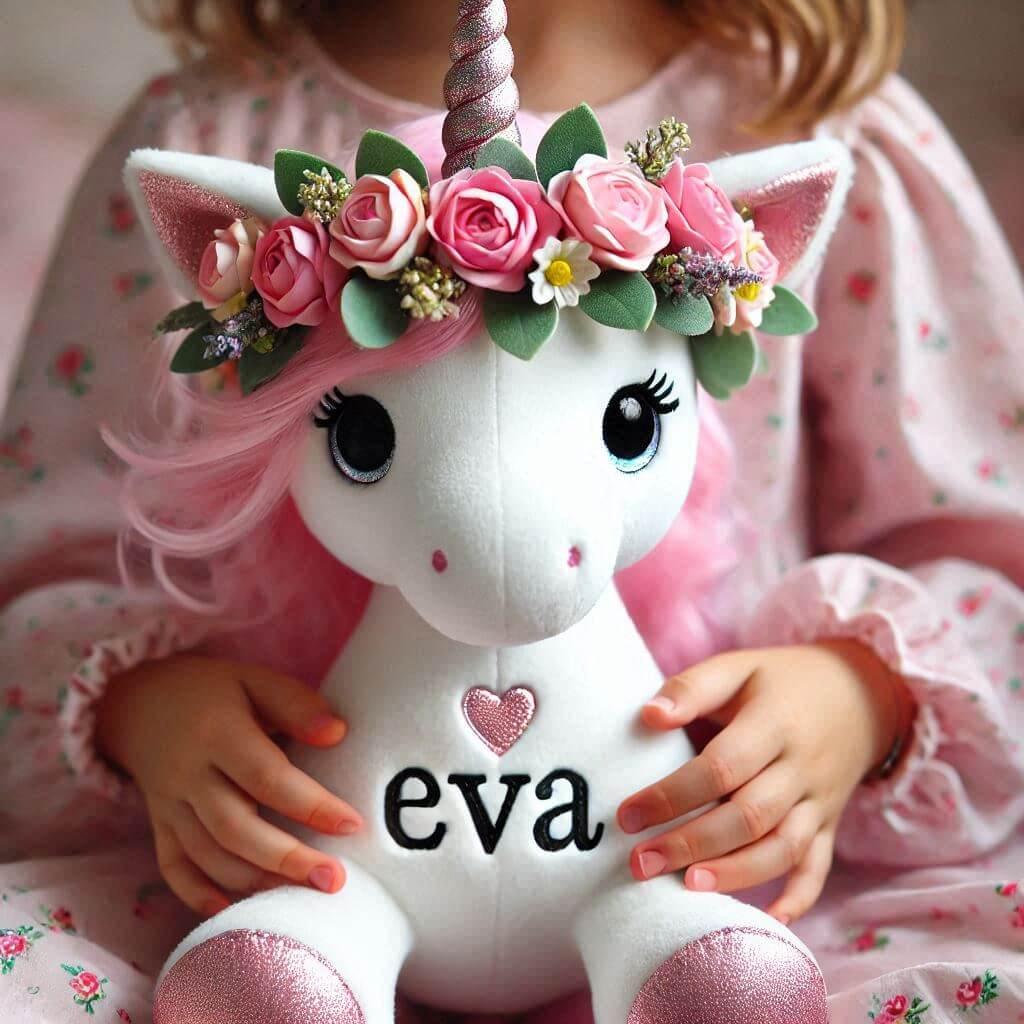 Une peluche licorne avec une couronne de fleurs personnalisee avec le prenom eva dans les mains d une petite fille