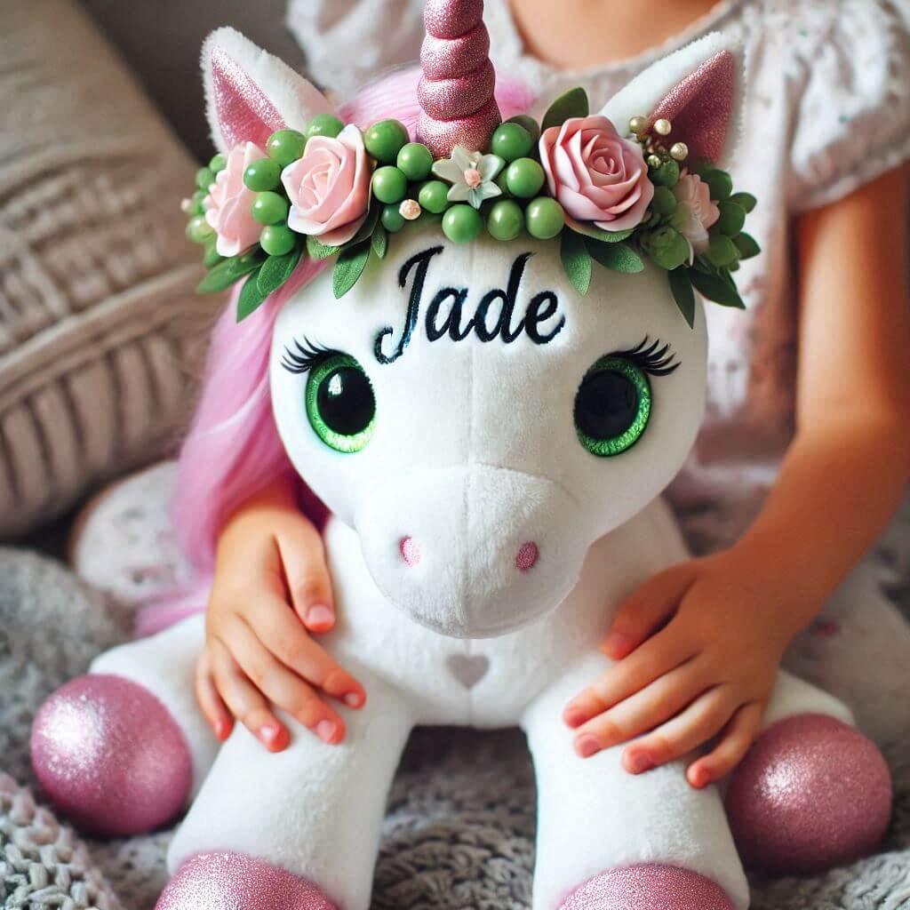 Une peluche licorne avec une couronne de fleurs personnalisee avec le prenom jade dans les mains dun petit enfant 1