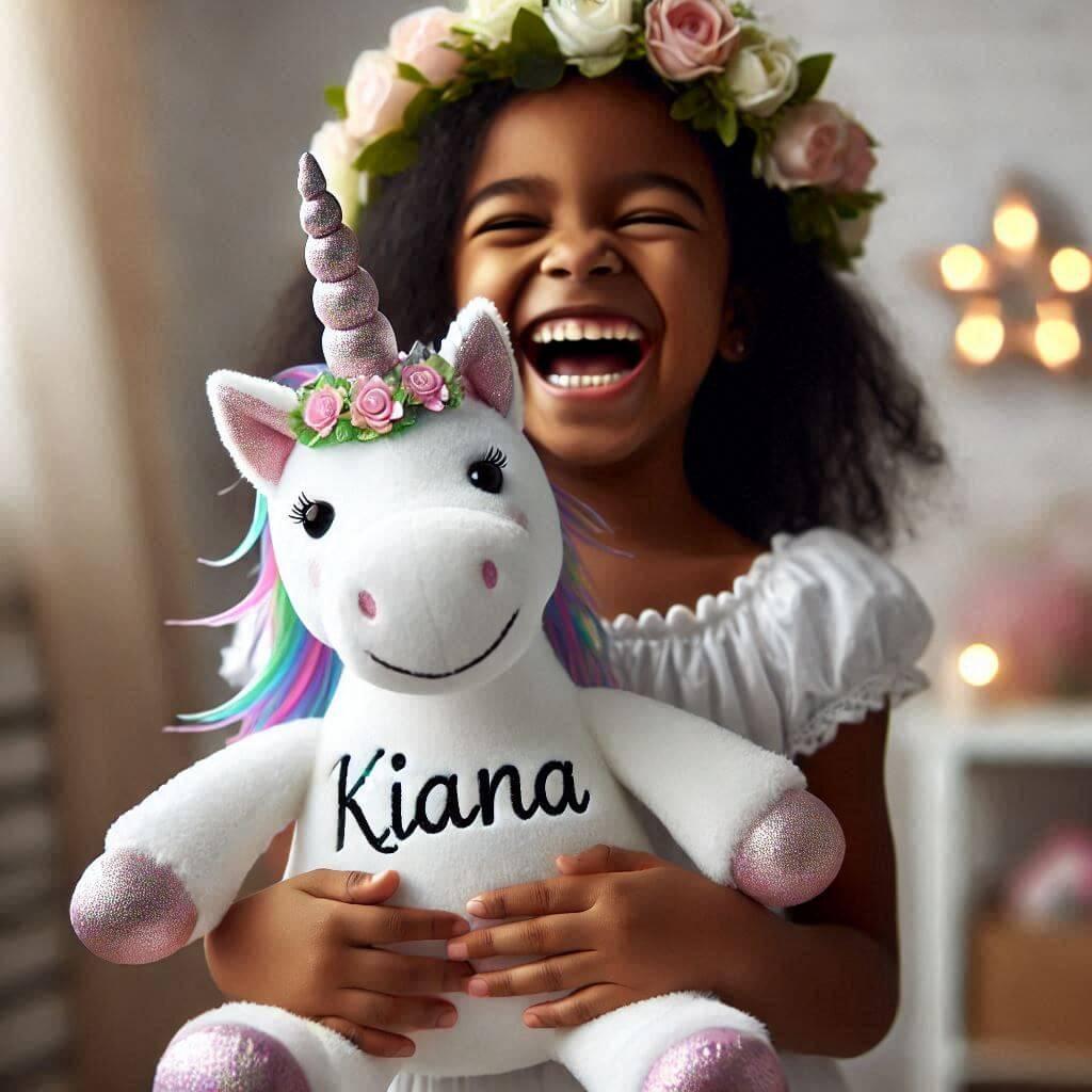 Une peluche licorne avec une couronne de fleurs personnalisee avec le prenom kiana dans les mains dun petite fille qui rigole de couleur de peau noire