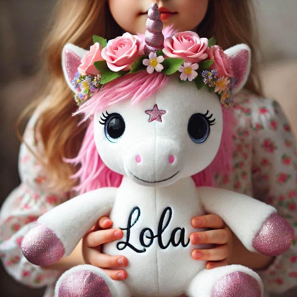 Une peluche licorne avec une couronne de fleurs personnalisee avec le prenom lola dans les mains dune petite fille