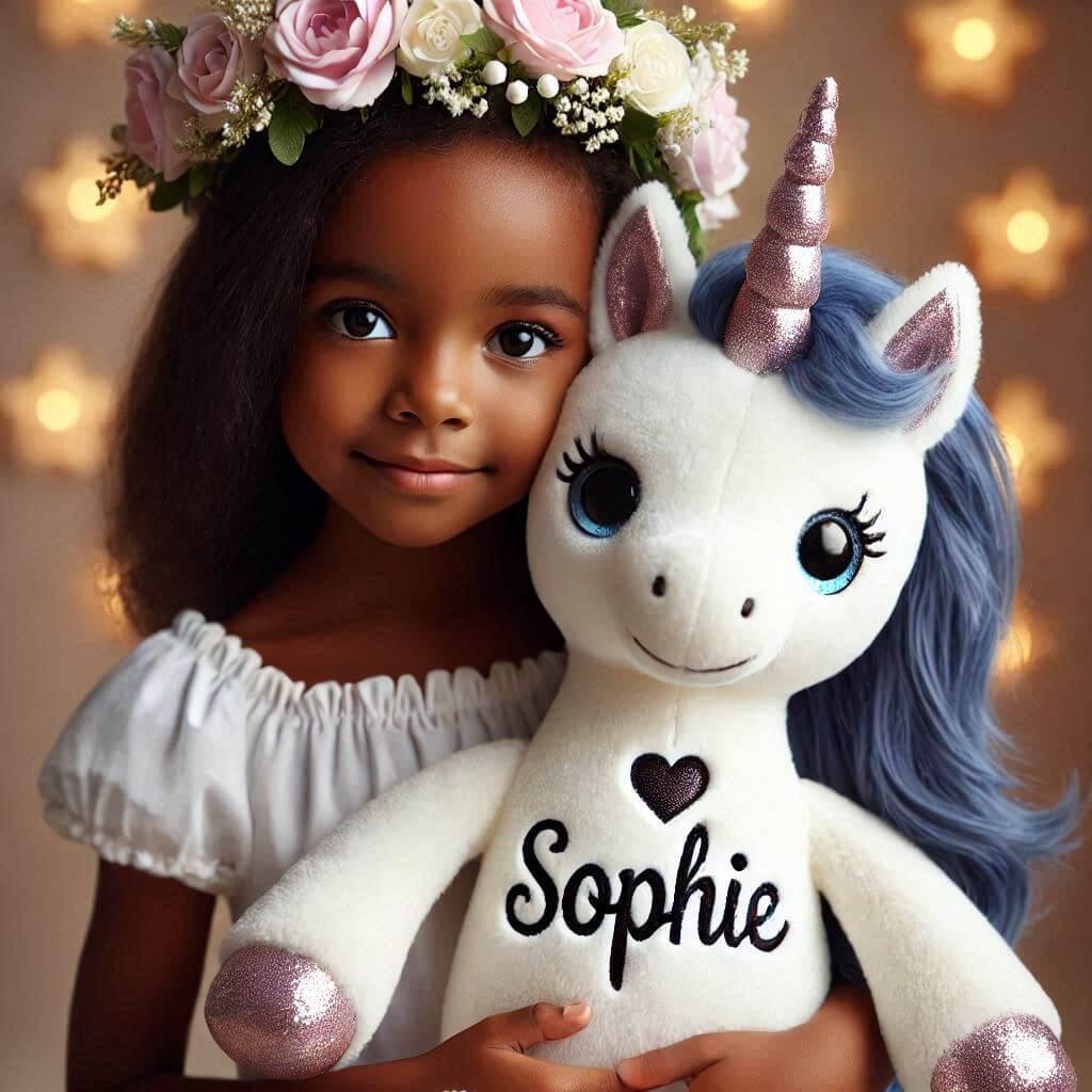 Une peluche licorne avec une couronne de fleurs personnalisee avec le prenom sophie dans les mains dune petite fille a la peau noire