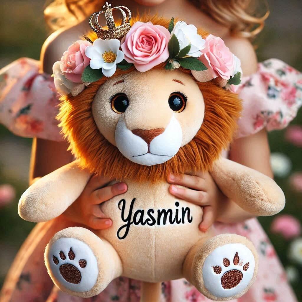 Peluche lion avec une couronne de fleurs personnalisée au prénom Yasmin avec un accent, idée cadeau décorative.