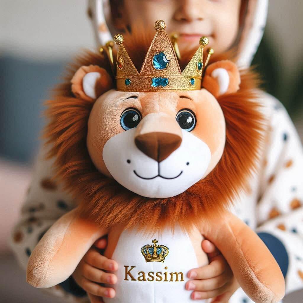 Une peluche lion avec une couronne de roi personnalisee avec le prenom kassim dans les mains dun petit garcon