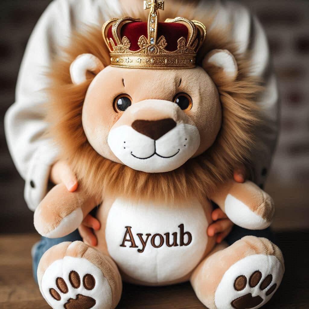 Une peluche lion avec une couronne personnalisee avec le prenom ayoub dans les mains dun petit garcon 1 1