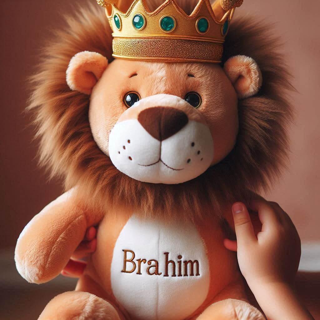 Une peluche lion avec une couronne personnalisee avec le prenom brahim dans les mains dun petit garcon 1 1