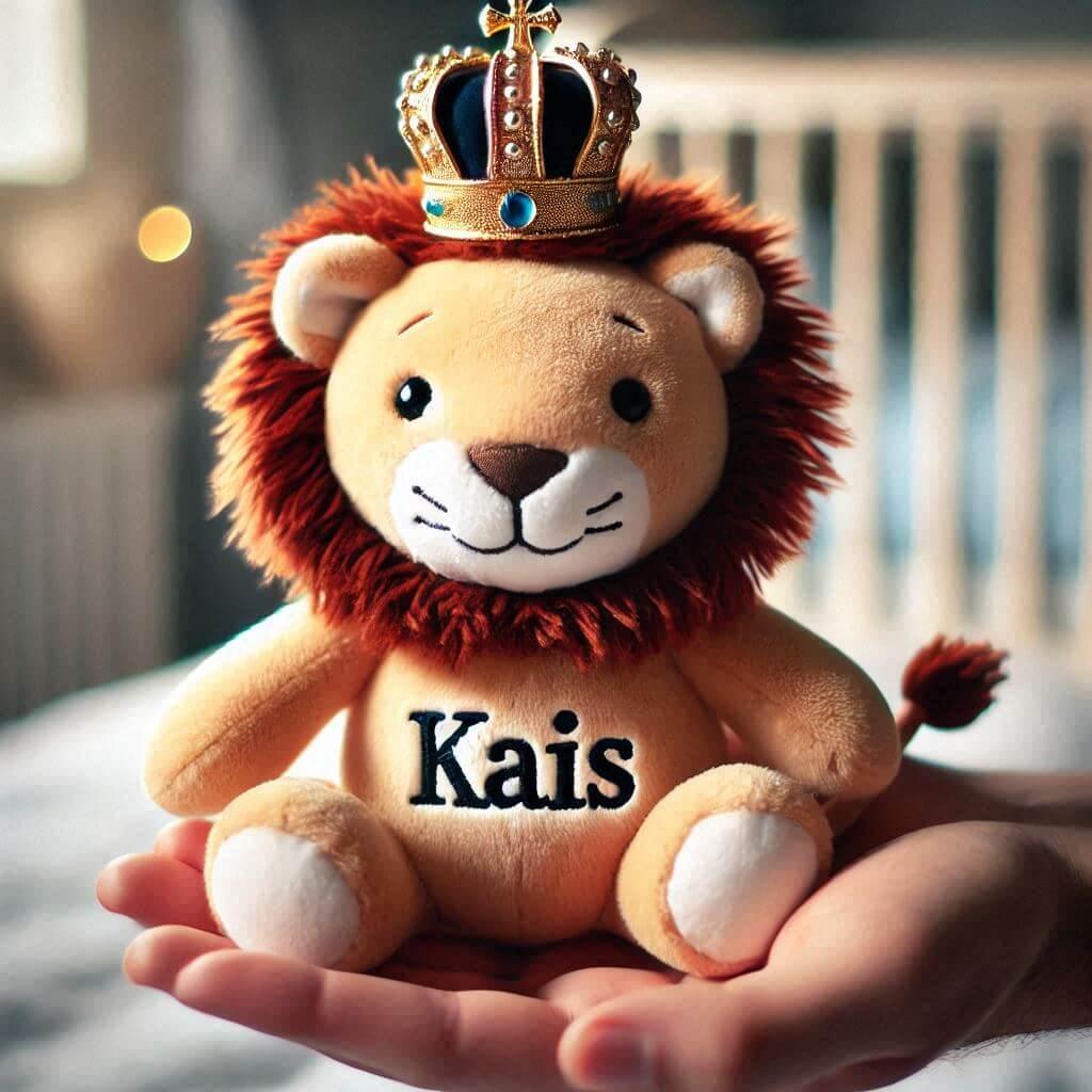 Une peluche lion avec une couronne personnalisee avec le prenom kais dans les mains dun petit garcon