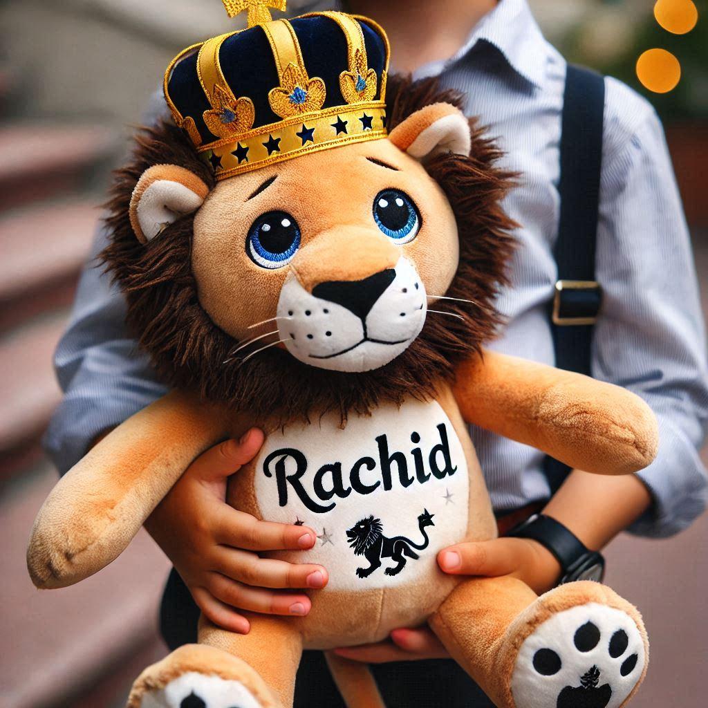 Une peluche lion avec une couronne personnalisee avec le prenom rachid avec un accent e dans les mains dun petit garcon