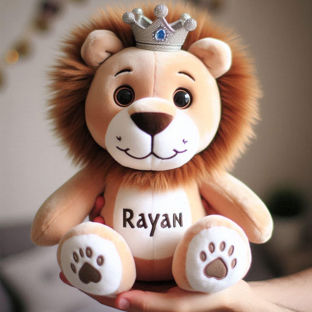 Une peluche lion avec une couronne personnalisee avec le prenom rayan