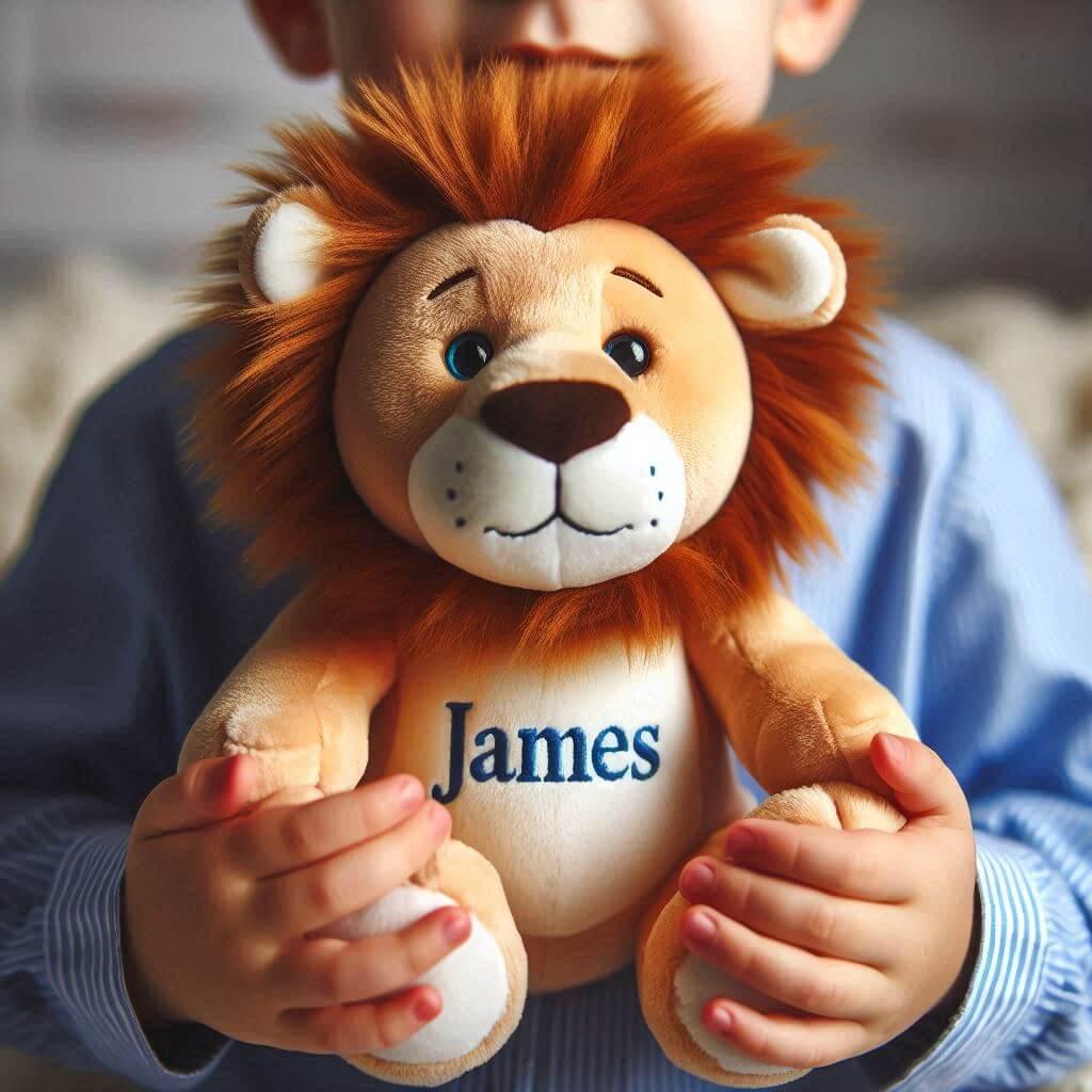 Une peluche lion personnalisee avec le prenom james dans les mains dun petit garcon 1