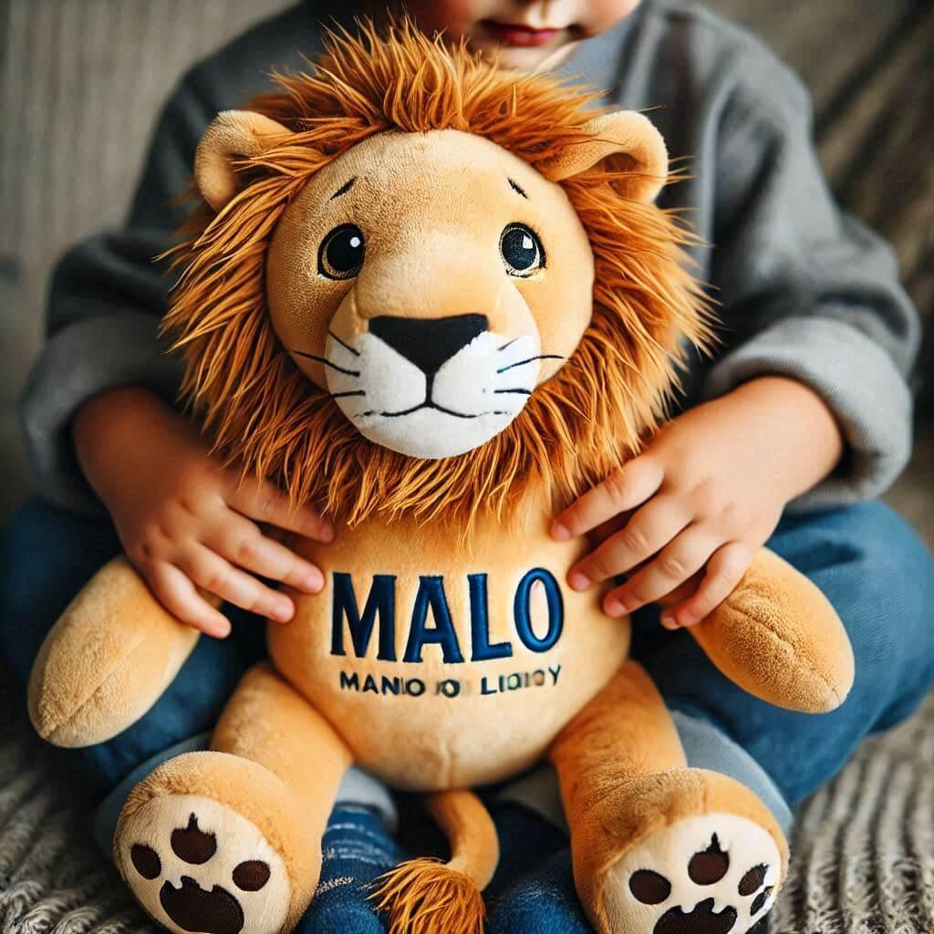 Une peluche lion personnalisee avec le prenom malo dans les mains dun petit garcon