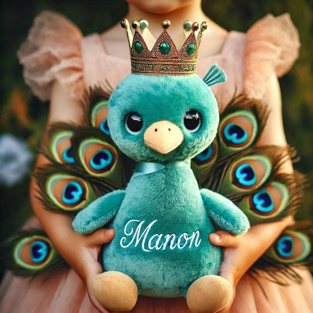 Une peluche paon avec une couronne personnalisee avec le prenom manon dans les mains dun petite fille