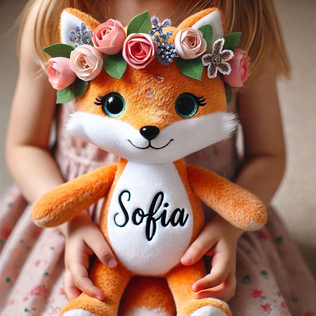 Une peluche renard avec une couronne de fleurs personnalisee avec le prenom sofia