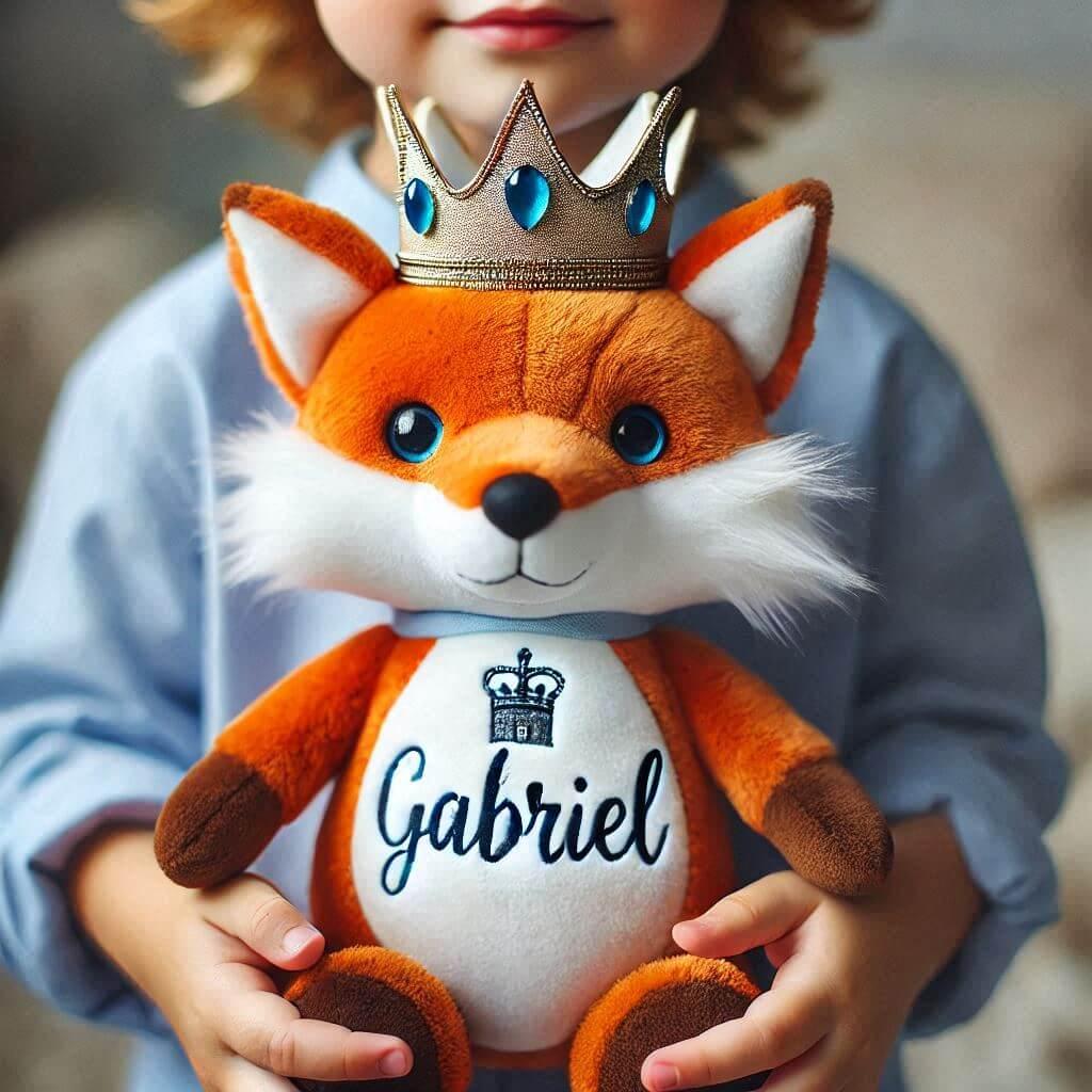 Une peluche renard avec une couronne personnalisee avec le prenom gabriel dans les mains dun petit garcon 2