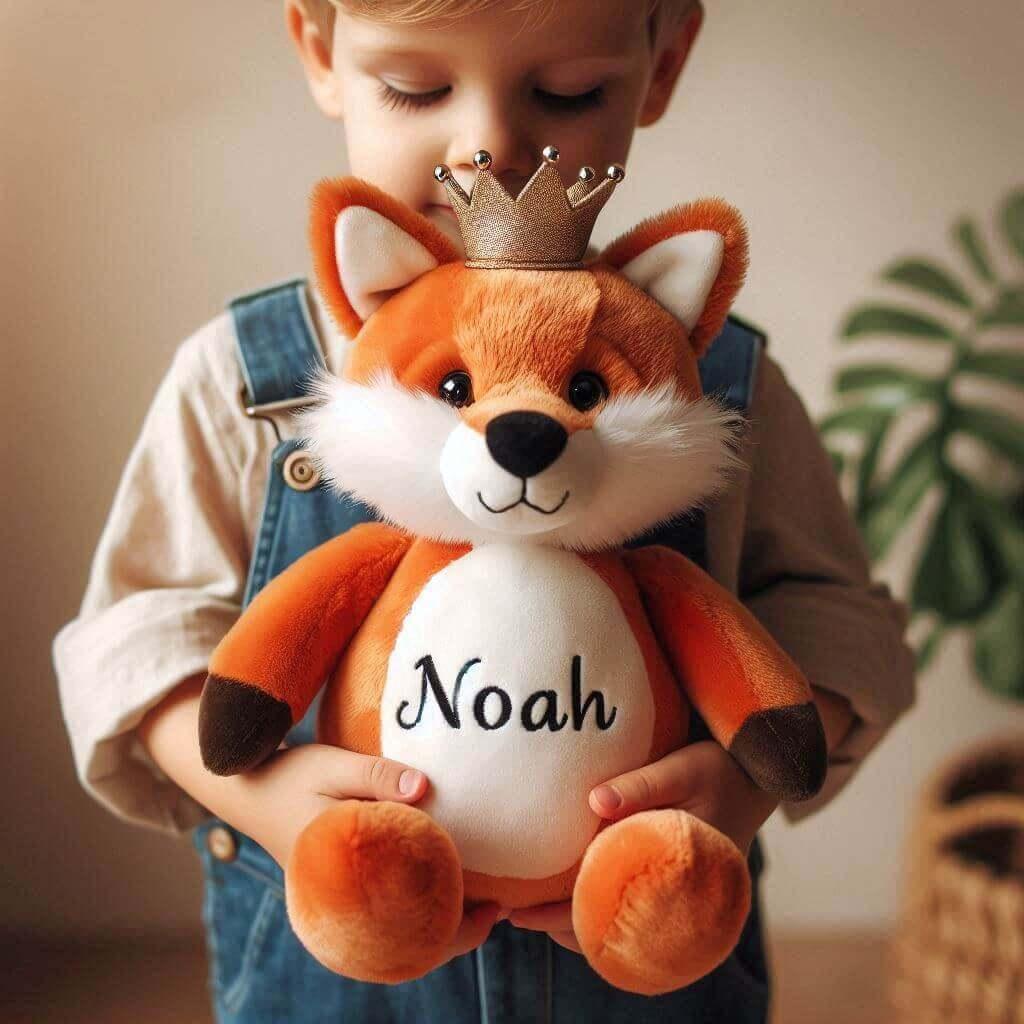 Une peluche renard avec une couronne personnalisee avec le prenom noah dans les mains dun petit garcon 1