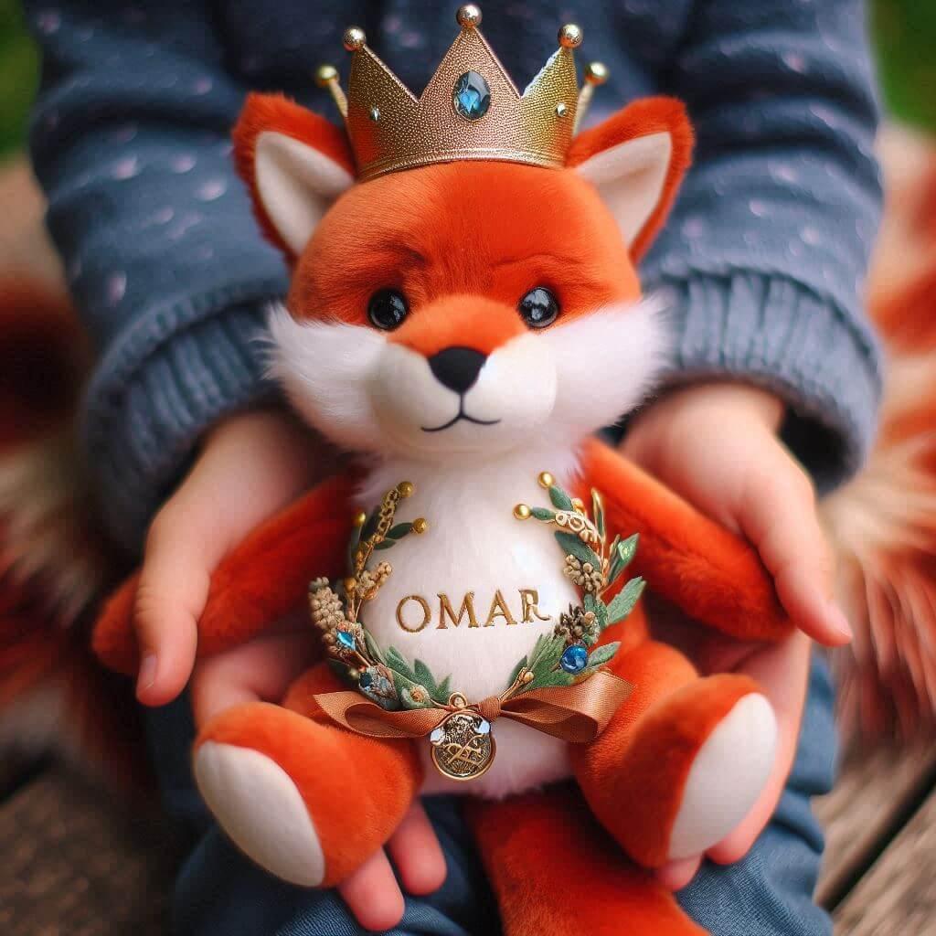 peluche renard, avec le prenom omar