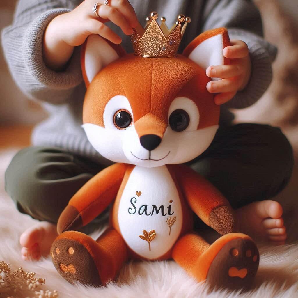 Une peluche renard avec une couronne personnalisee avec le prenom sami dans les mains dun petit garcon