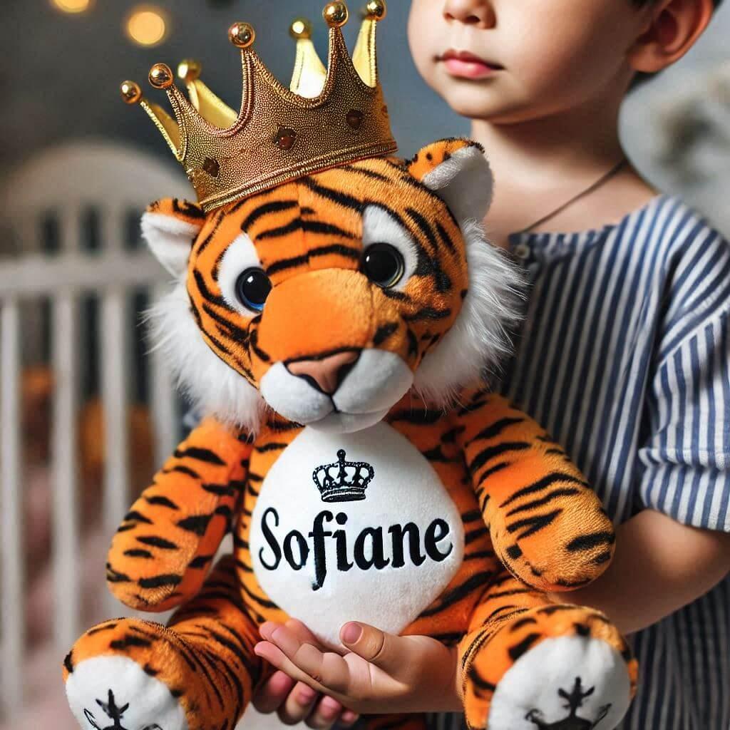 Une peluche tigre avec une couronne de roi personnalisee avec le prenom sofiane dans les mains dun petit garcon 2