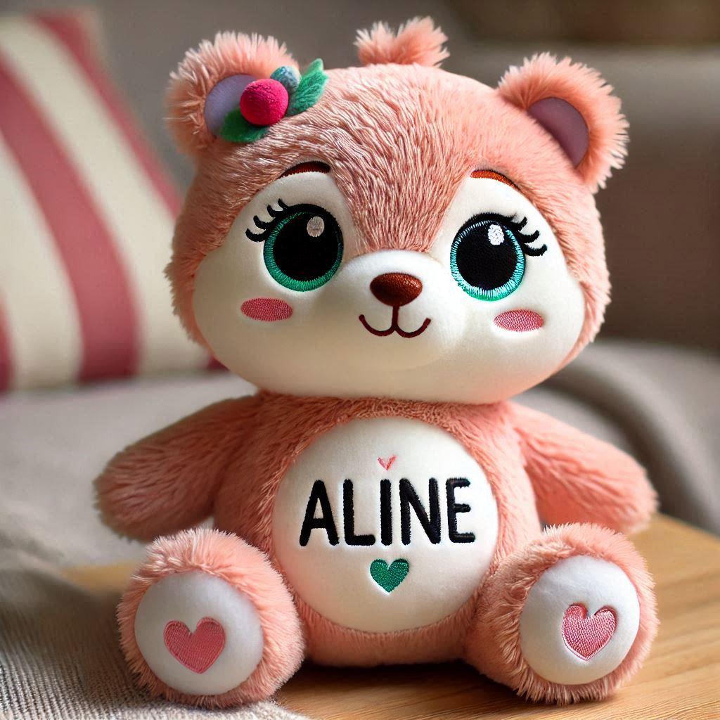 Une peluche trop mignonne avec le prenom aline ecrit dessus