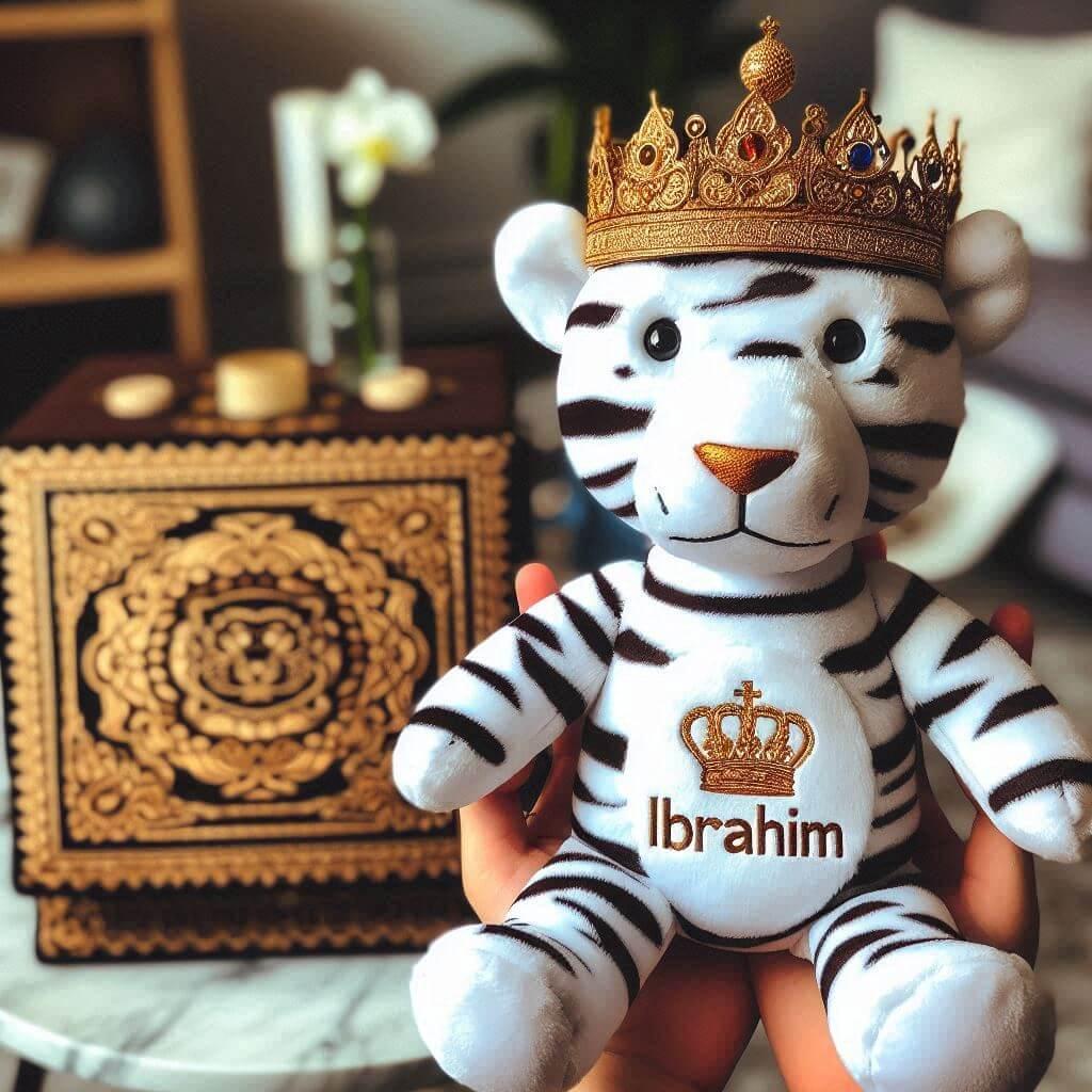 Une peluche zebre avec une couronne de roi personnalisee avec le prenom ibrahim dans les mains dun petit garcon