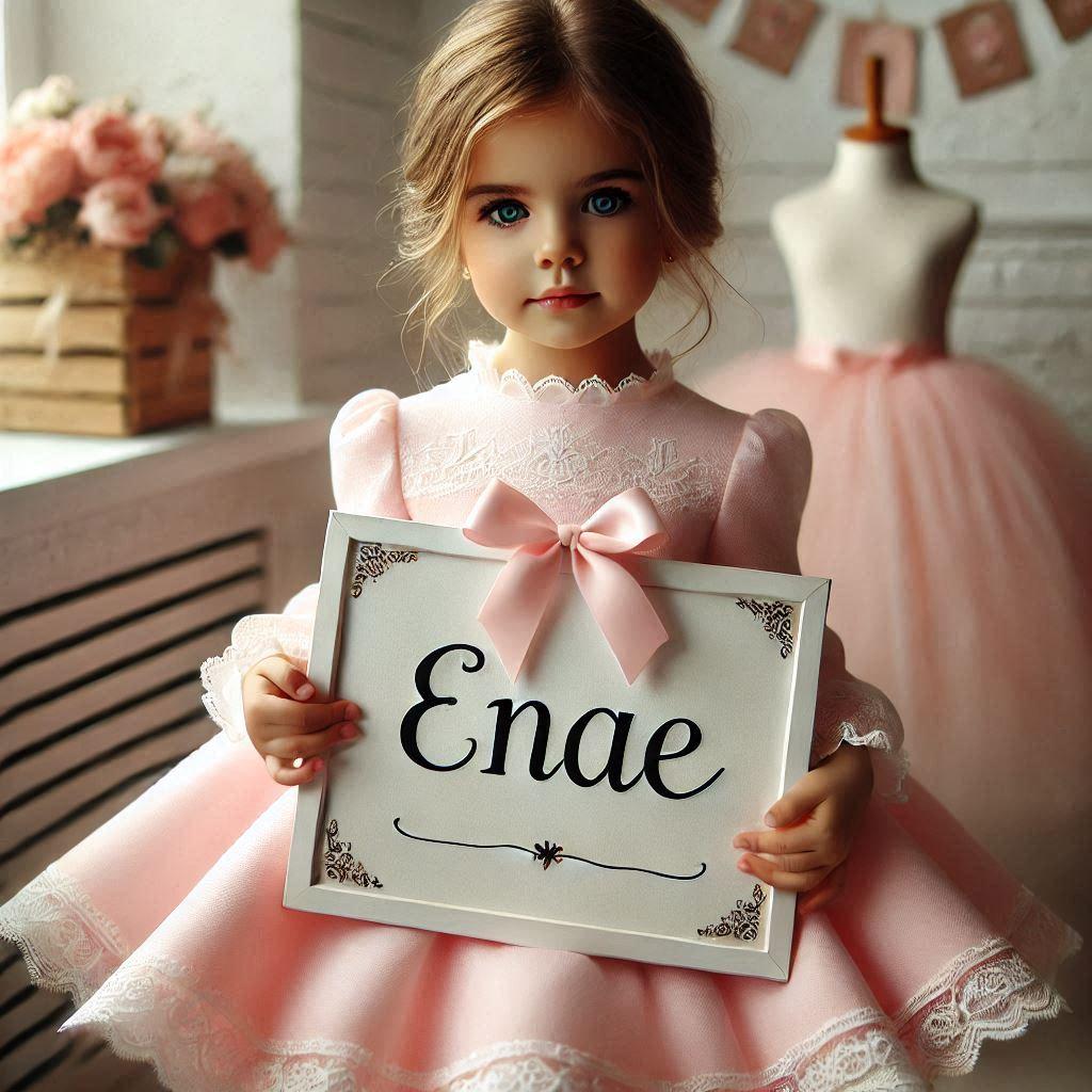 Une petite fille habille en robe classique rose et blanche sur un tableau il y a ecrit enae