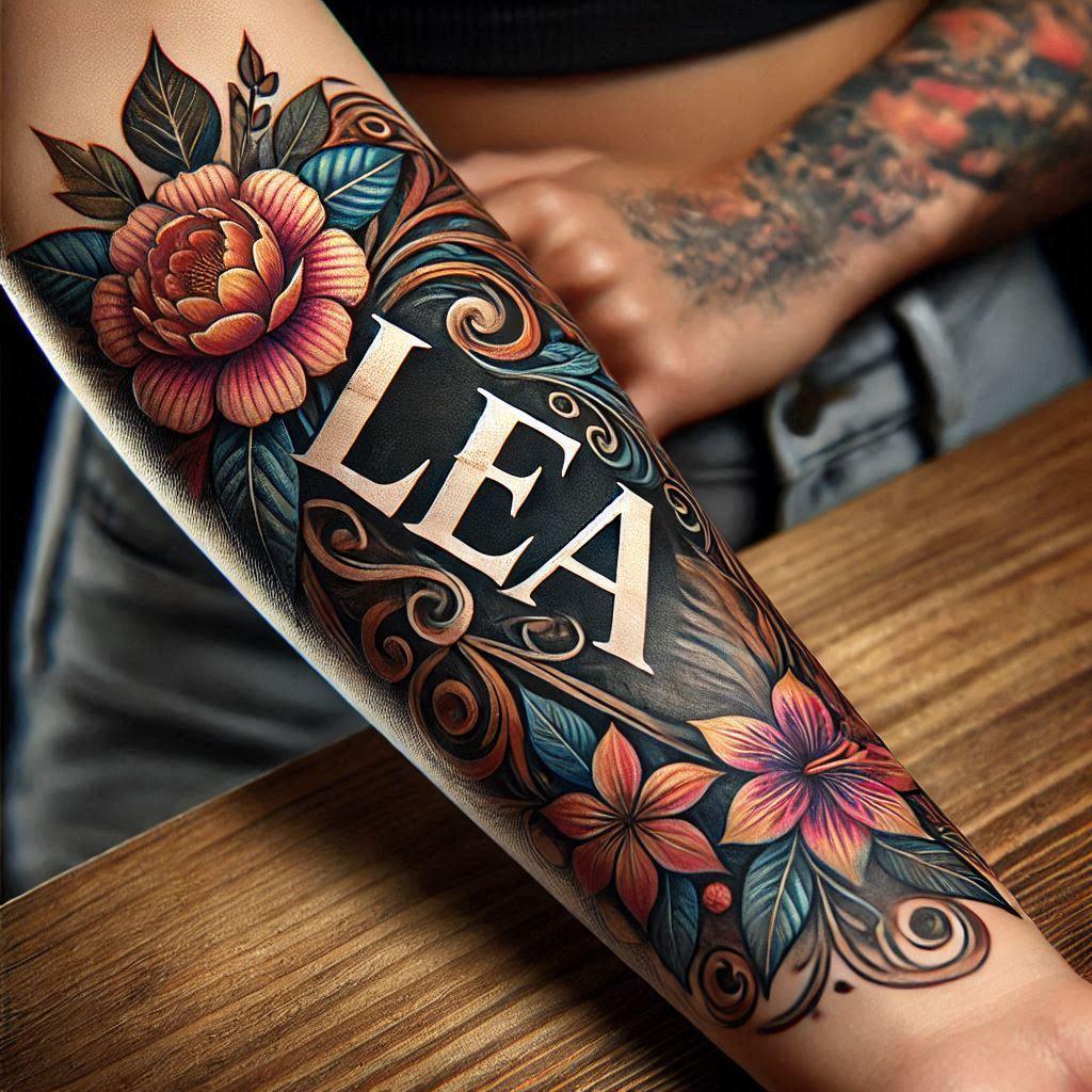 Une photo realiste avec le mot lea comme tatouage