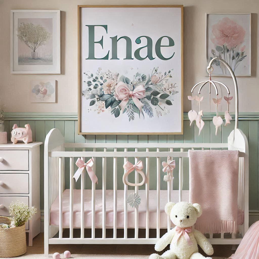 Une photo realiste d une jolie chambre de bebe fille avec le prenom enae dans les tons blanc nacre et verts pastel