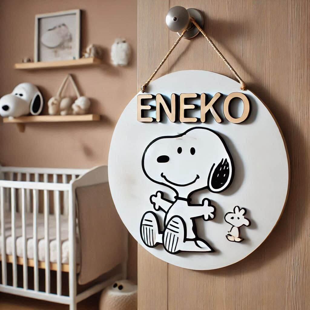 Une plaque murale de bebe personnalisee au prenom eneko sur une porte de chambre theme snoopy