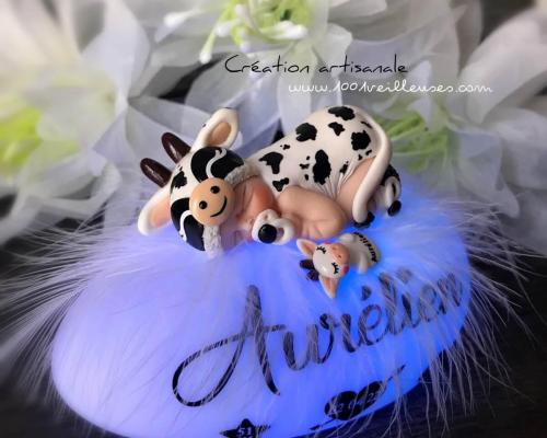 coffret naissance rare et personnalisé - veilleuse vache avec doudou - souvenir unique